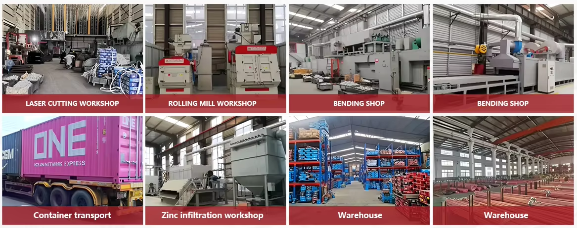 FUJINRUI's integrated facility: laser cutting, rolling mill, bending shop, zinc infiltration workshop, and warehousing