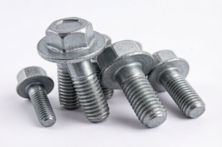 Dacromet-coated hex flange bolts — silver-grey matte finish with integrated flange