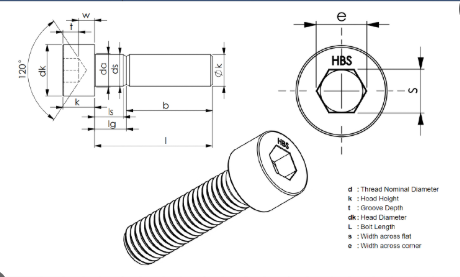 
Figure 3. Dimensional Schematic of DIN 912 Socket Head Cap Screw