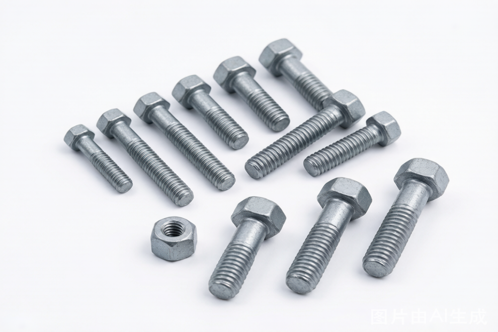 Hex head bolts with Dacromet coating — characteristic silver-grey matte finish